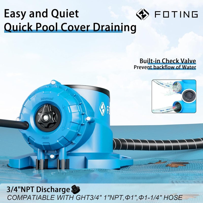 FOTING 1/3 HP Automatic Swimming Pool Cover Pump,2250 GPH Submersible Water Pump, Water Removal with 3/4” Check Valve Adapter & 25ft Power Cord, Drainage for Ponds, Rooftops, Water Beds - Image 4